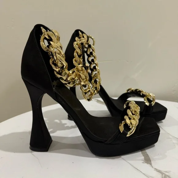 JEFFREY CAMPBELL Silverlake Ankle Strap Sandal - Black Satin Gold